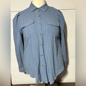 NWT Grace + Karma 1X long sleeve button ft blouse in blue. 70% viscose 30% linen